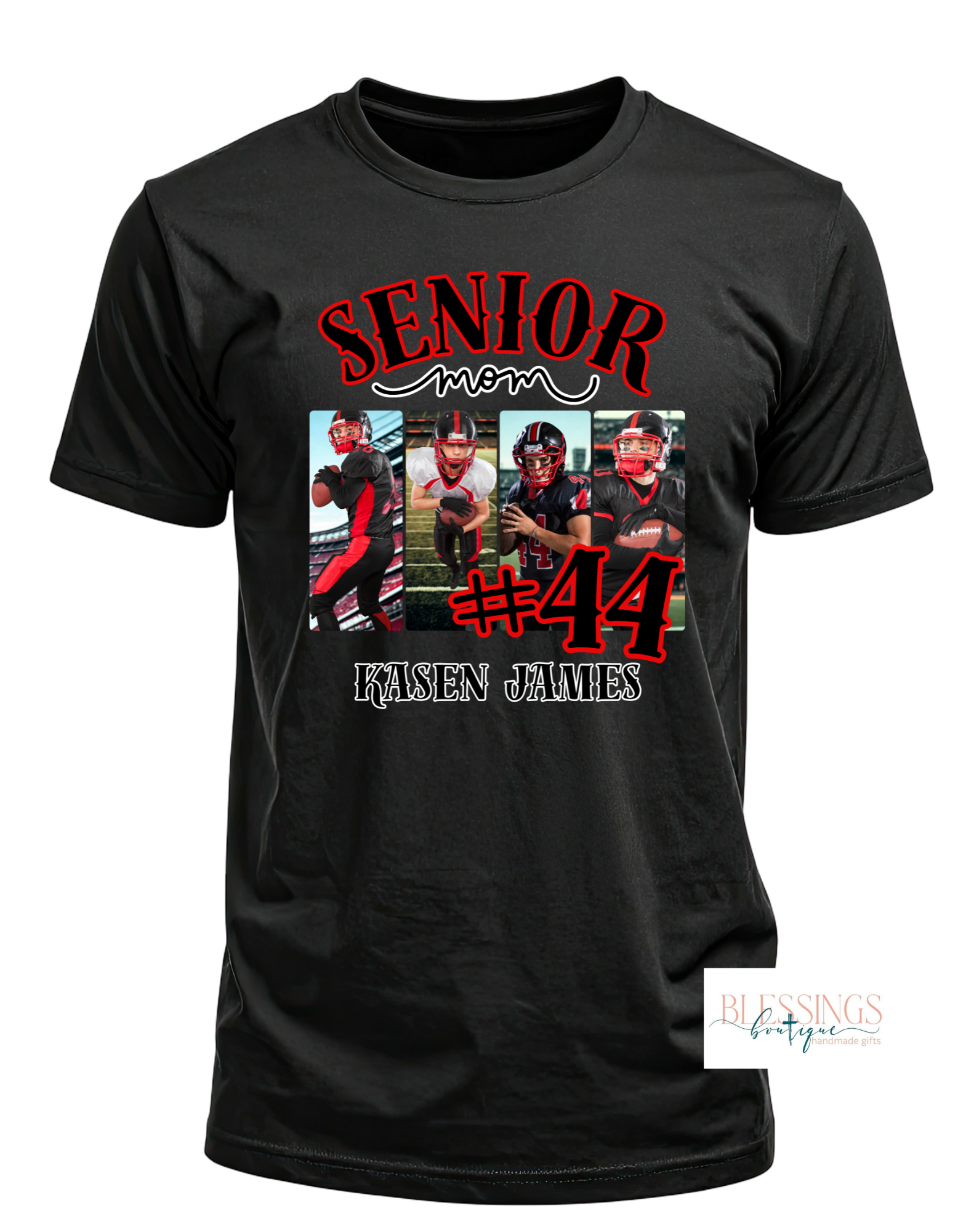 A black short-sleeve t-shirt with a custom graphic print on the front. The graphic features the text 'SENIOR mom' in red and white, a central photo collage of four football players, the number '#44' in red, and the name 'RASEN JAMES' in white.