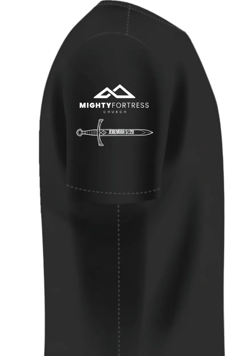 Close-up of a black short-sleeve shirt showing the right sleeve with a white printed Mighty Fortress Church logo and sword graphic on the upper arm.