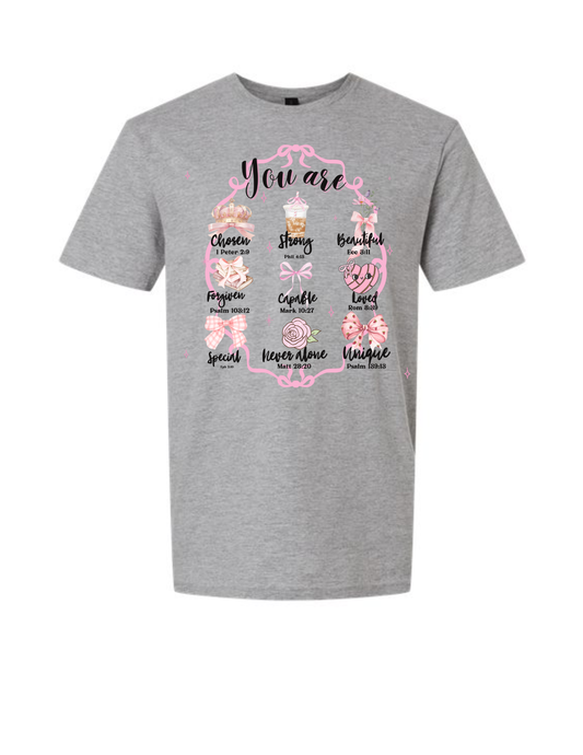 Gray t-shirt with floral and text design on a white background