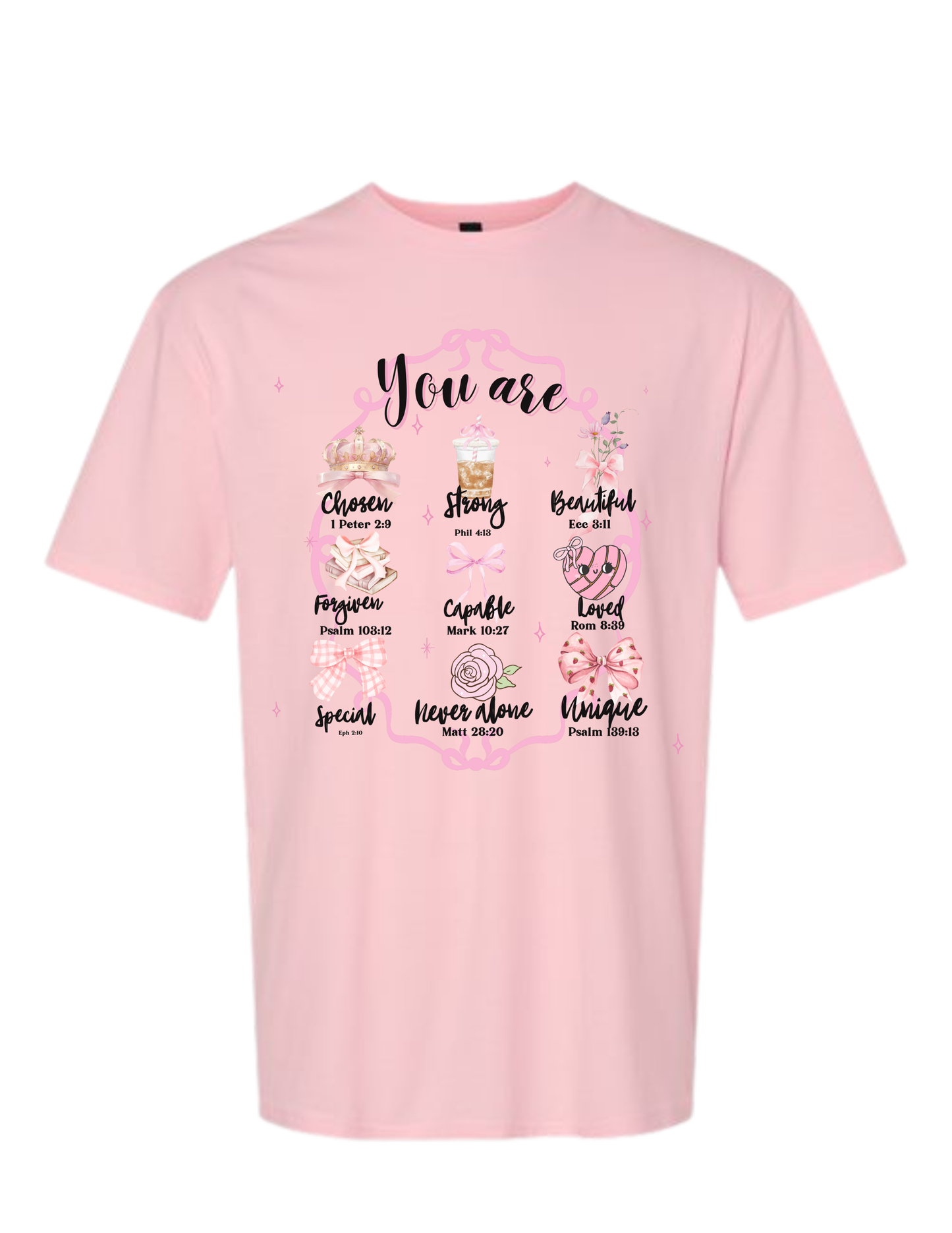 Pink t-shirt with motivational text and graphics on a white background